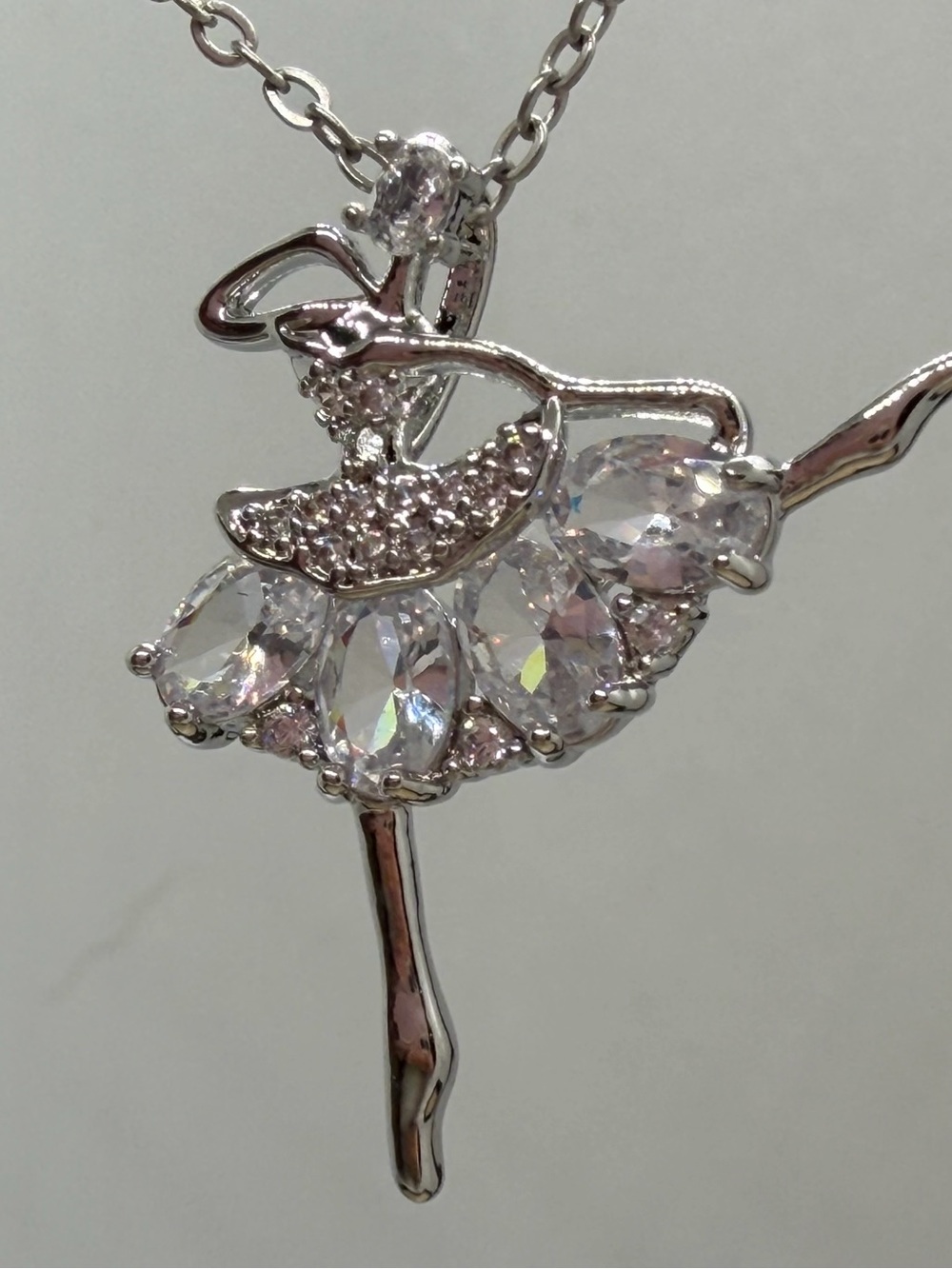Silver Ballet Dancer Crystal Pendant Necklace - White